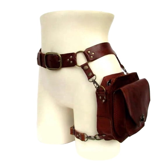 Medieval Waist Belt Leg Bag, Steampunk Thigh Pouch Motorcycle Waist Pack, Vintage PU Leather Fanny Bag for Cosplay Travel OutdoorBrown
