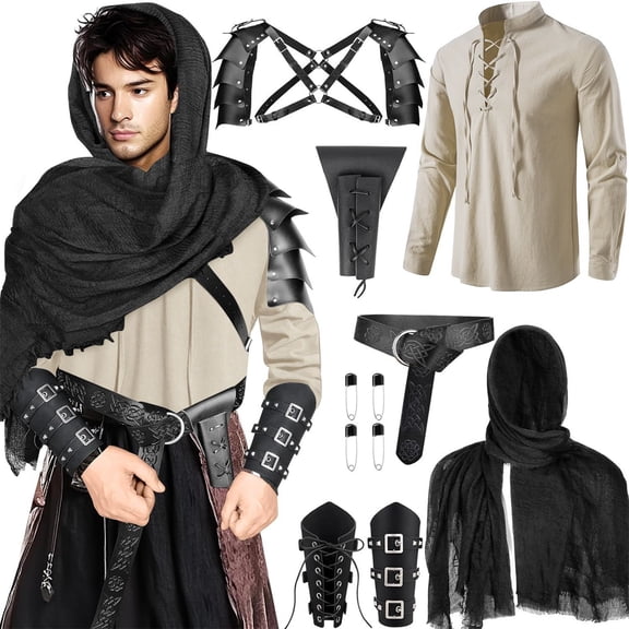 Medieval Warrior Cosplay Outfit, Medieval Renaissance Knight Costume Set, Hooded Scarf Shoulder Armor Lace Up Shirt Belt Gauntlet Full Cosplay Outfit for Halloween Warrior Party, Beige XXL