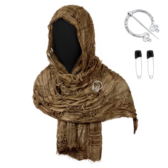 Medieval Warrior Head Wrap Kit, Frayed Medieval Hooded Scarf Cosplay Accessory, Crinkled Renaissance Warrior Head Wrap With Viking Pin Safety Pins for Halloween Larp Party, Coffee One Size