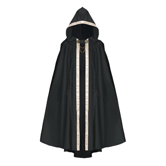 Medieval Wizard Witch Cloak, Hooded Long Cape Cloak With Lace Trim, Medieval Witch Wizard Hood Robe for Halloween Cosplay, 6 Color Lightweight Full Length Costume Cloak, Black One Size