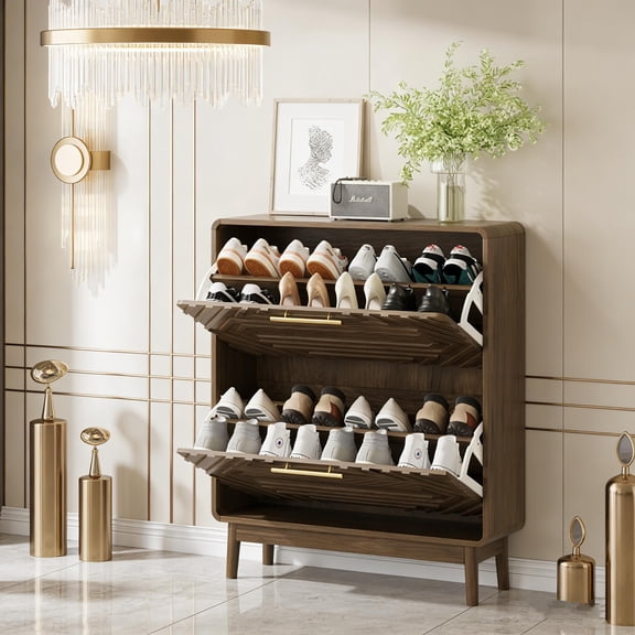 Medieval modern shoe cabinet, 31.5-inch freestanding storage cabinet with 2 flip-top drawers, vintage-style hallway storage, suitable for corridor or porch