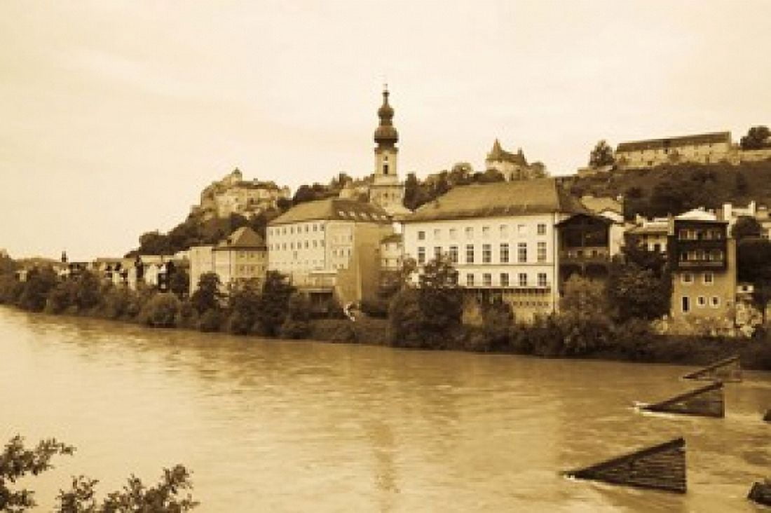 Medieval town at the waterfront Salzach River Burghausen Bavaria Germany Canvas Art - Panoramic Images (36 x 24)