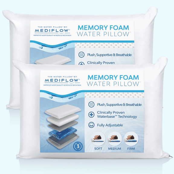 Mediflow Memory Foam Water Pillow - Adjustable Pillow for Neck Pain Relief, Pillow for Side, Back, and Stomach Sleepers, The Original Inventor of The Water Pillow, Memory Foam Bed Pillow (2 Pillows)