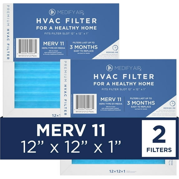 Medify Air 12x12x1 Air Filter, MERV 11 Pleated with HEPA, HVAC Furnace Filter, 2-Pack
