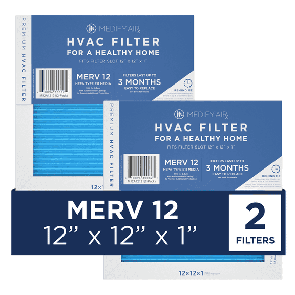 Medify Air 12x12x1 Air Filter, MERV 12 Pleated with HEPA, HVAC Furnace Filter, 2-Pack