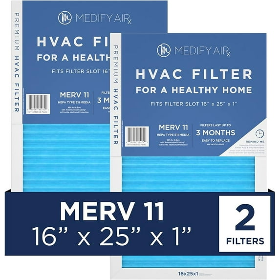 Medify Air 16x25x1 Air Filter, MERV 11 Pleated with HEPA, HVAC Furnace Filter, 2-Pack