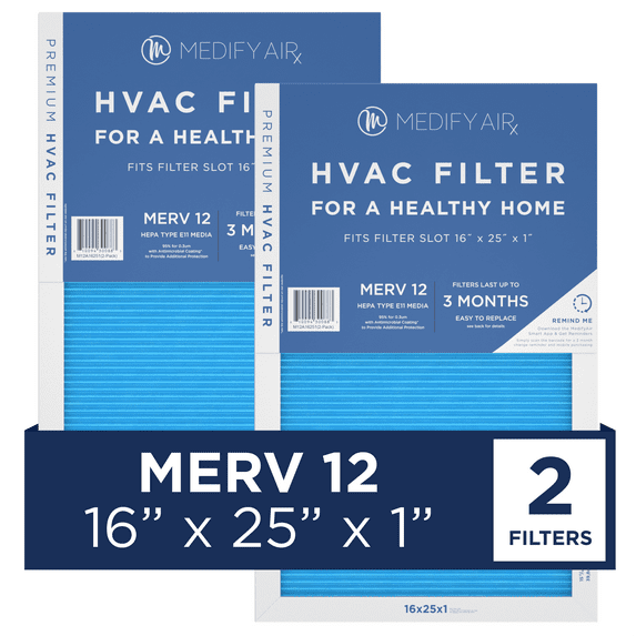 Medify Air 16x25x1 Air Filter, MERV 12 Pleated with HEPA, HVAC Furnace Filter, 2-Pack