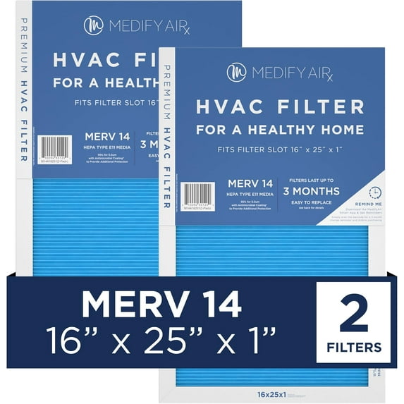 Medify Air 16x25x1 Air Filter, MERV 14 Pleated with HEPA, HVAC Furnace Filter, 2-Pack