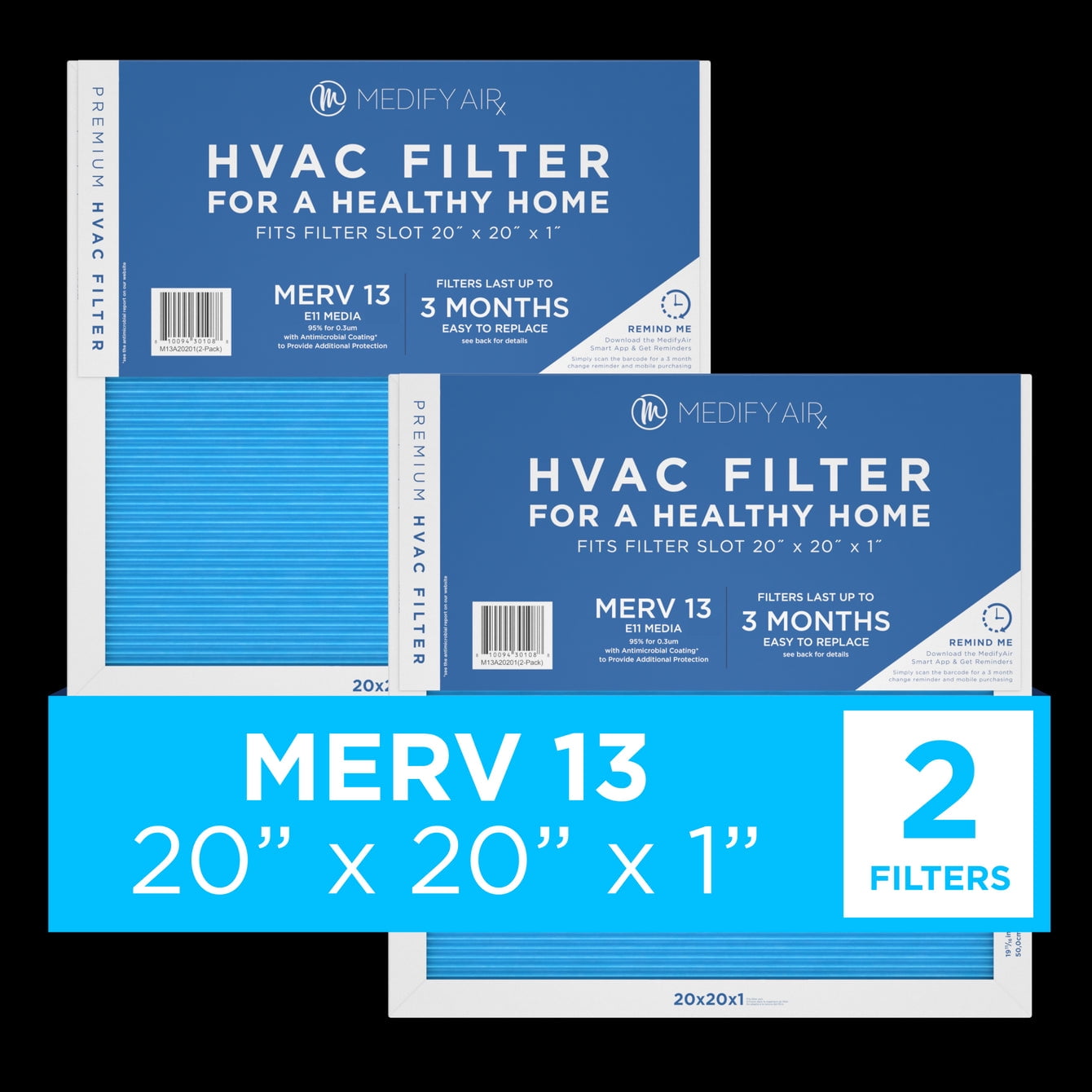 Medify Air 20x20x1 Pleated Filter 95 Particles HEPA Air Cleaning MERV 13 2 Pack