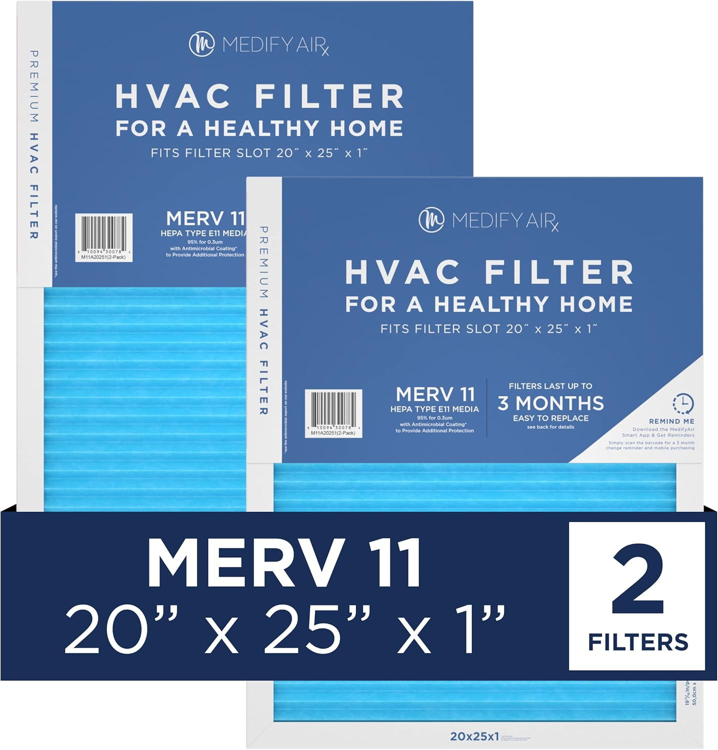 Medify Air 20x25x1 Air Filter, MERV 11 Pleated with HEPA, HVAC Furnace Filter, 2-Pack
