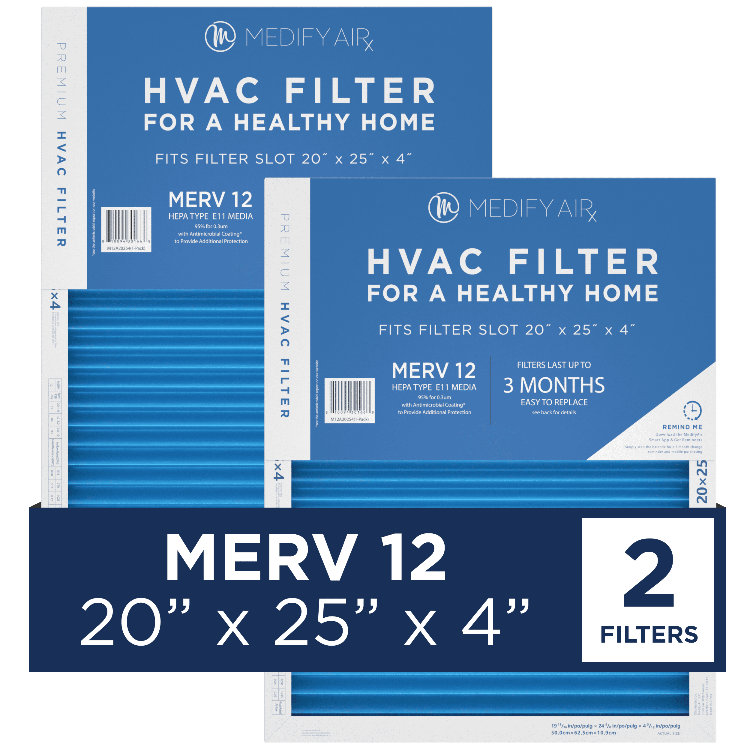 Medify Air 20x25x4 Air Filter MERV 12 Pleated with HEPA HVAC Furnace Filter 2 Pack