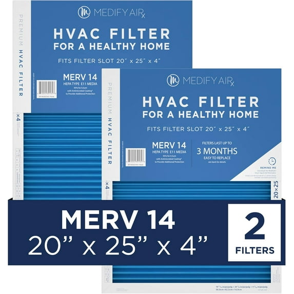 Medify Air 20x25x4 Air Filter, MERV 14 Pleated with HEPA, HVAC Furnace Filter, 2-Pack