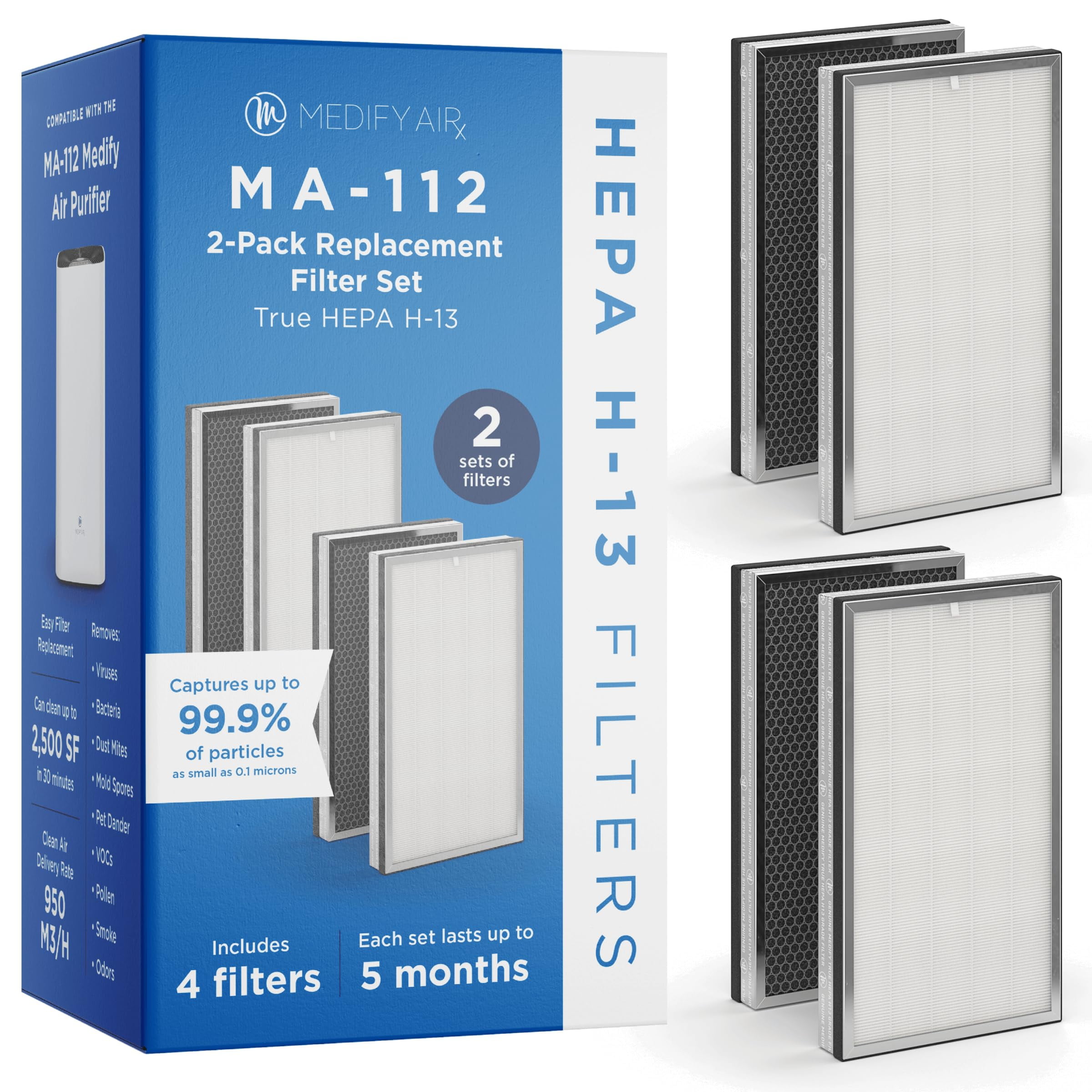 Medify Air MA-112 Genuine Replacement Filter | for Allergens, Wildfire Smoke, Dust, Odors, Pollen, Pet Dander | 3 in 1 with Pre-Filter, H13 HEPA, and Activated Carbon for 99.7% Removal | 2-Pack