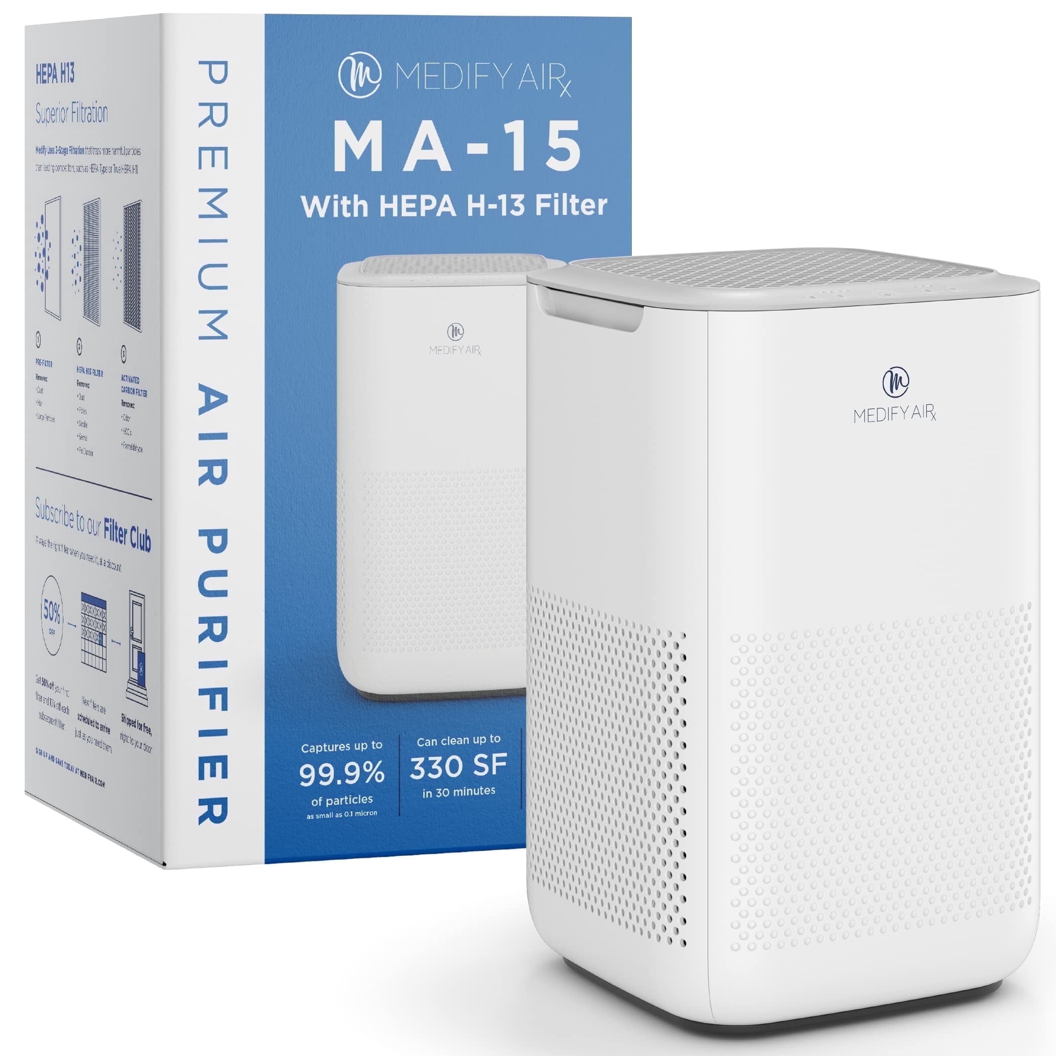 Medify Air White MA-15 Air Purifier with HEPA Filters I Smoke Dust Odors Pet Dander I 3 in 1 with Pre-filter HEPA H13 & Activated Carbon I Removal of 0.1 to 0.3 microns I 585 Sq ft Coverage I 1-Pack