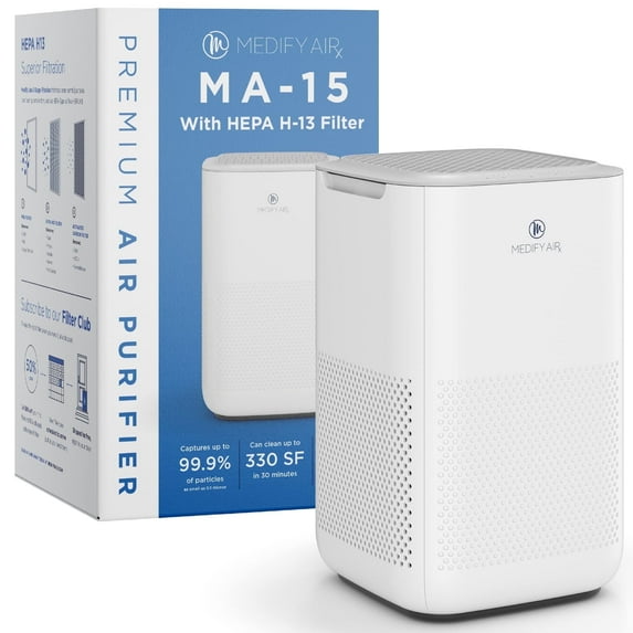Medify Air White MA-15 Air Purifier with HEPA Filters I Smoke Dust Odors Pet Dander I 3 in 1 with Pre-filter HEPA H13 & Activated Carbon I Removal of 0.1 to 0.3 microns I 585 Sq ft Coverage I 1-Pack