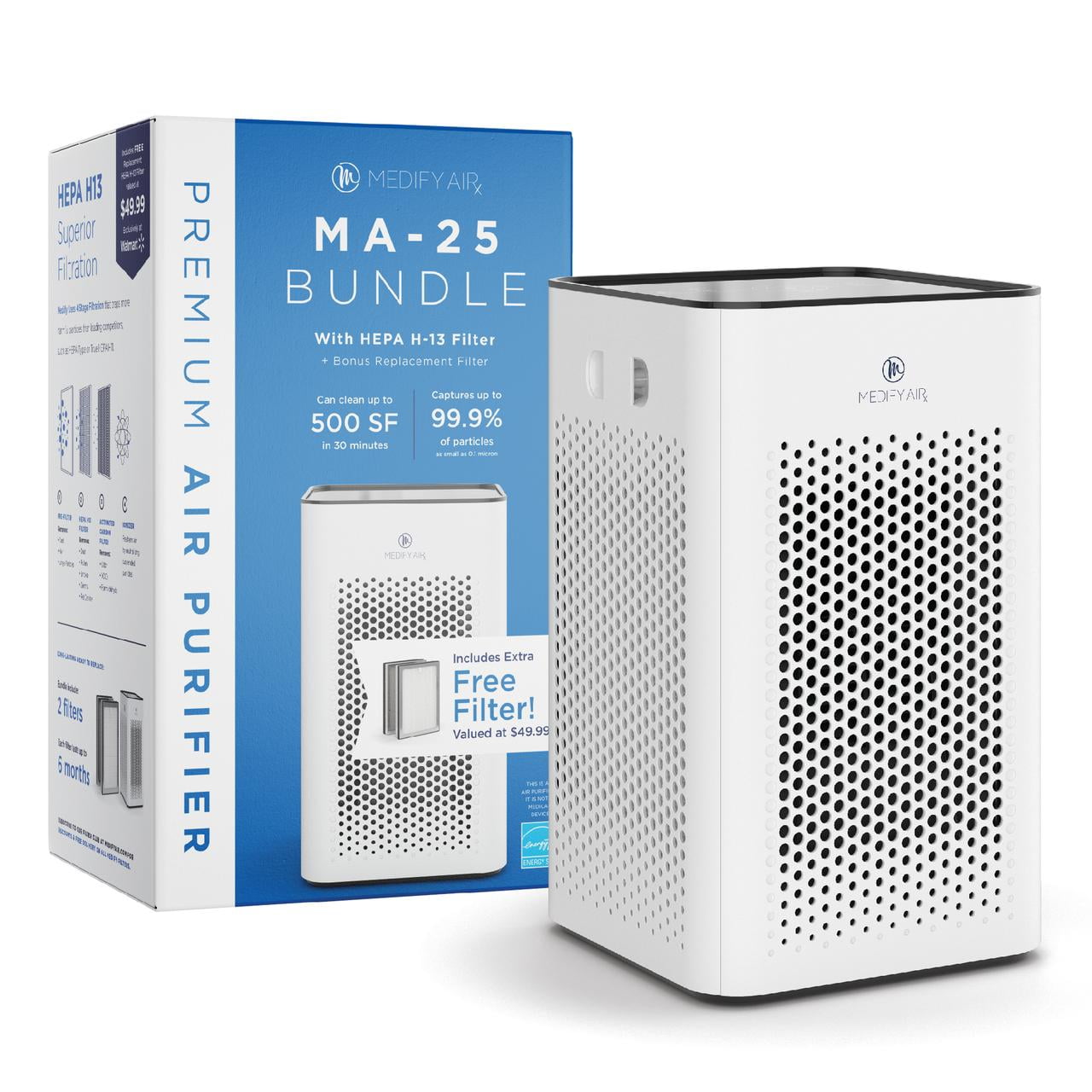 Medify Air MA-25 Value Pack Includes a Free Set of Replacement Filters H13  HEPA, White (Walmart Exclusive)