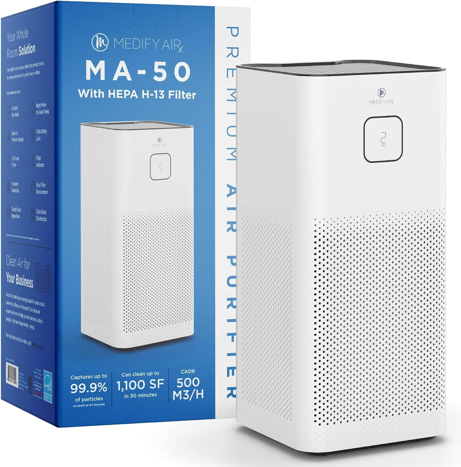 Medify MA-50 Air Purifier with H13 True HEPA Filter | 1100 sq ft Coverage | for Allergens, Wildfire Smoke, Dust, Odors, Pollen, Pet Dander | Quiet 99.9% Removal to 0.1 Microns | White, 1-Pack