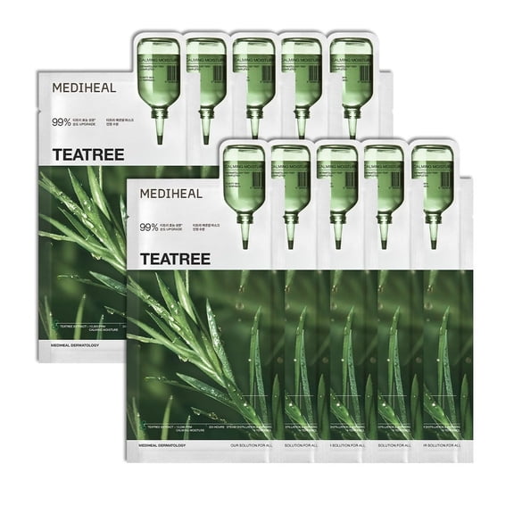 Mediheal Teatree Essential Sheet Mask Calming Moisture 10 pcs. 99% Pure Teatree & Teatree 7X for intensive soothing and hydration. Suitable for acne-prone skin.