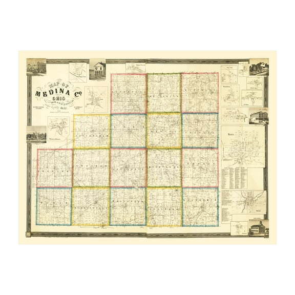 Medina County Ohio Art, 1857 Vintage Map of Medina County OH History Wall Decor Gift, Old Medina County OH Map - 24" x 18" Unframed Print
