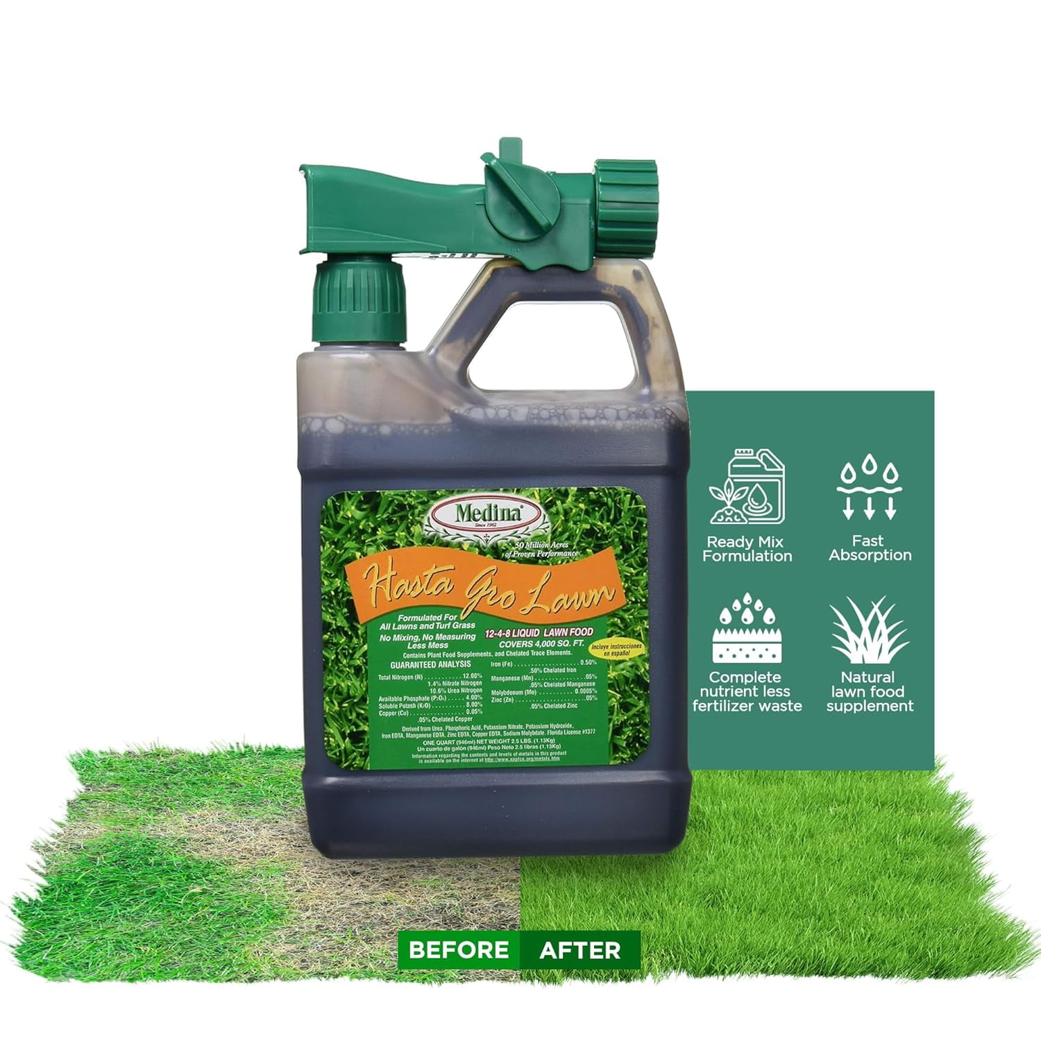 Medina Hasta Gro Lawn Food Fertilizer 12-4-8, Ready-to-Spray, 32 oz.