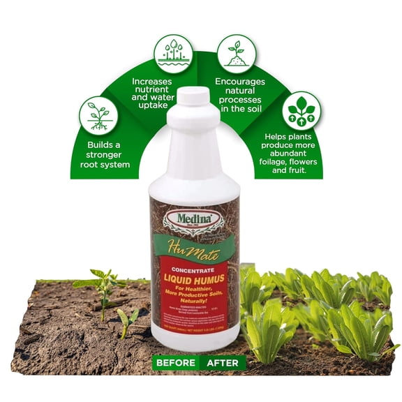 Medina Humate Humic Acid for Plants - Concentrated Liquid Compost, Humic Acid for Lawn - Enhance Plant Growth, Moisture Retention, Nutrient Absorption - Humates for Soil - 1 Qt Covers 2000 Sq. Ft.