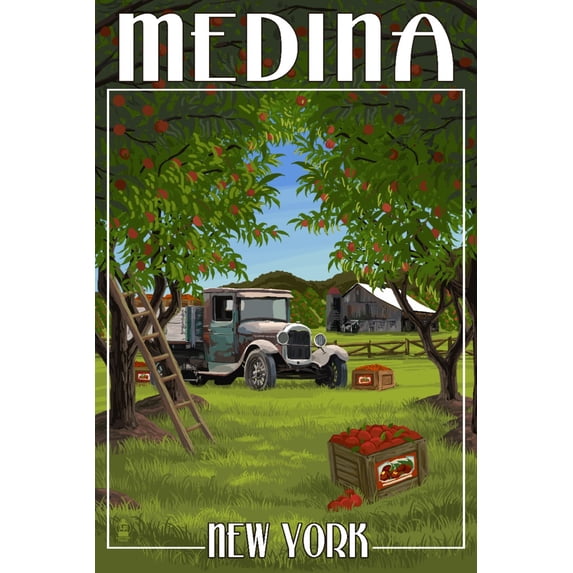 Medina, New York, Apple Orchard and Truck (9x12 Wall Art Print, Home Decor)