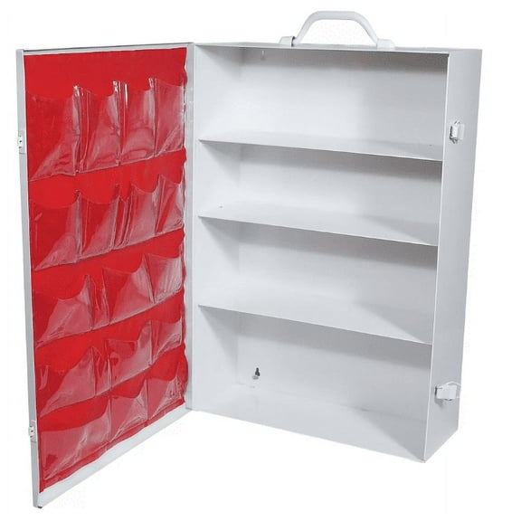 Medique Empty Four Shelf Cabinet with Door Pouch First Aid Metal Cabinet, Wall Mount, White, 21" x 15" x 5" 1 Kit - MS-FAK-10324