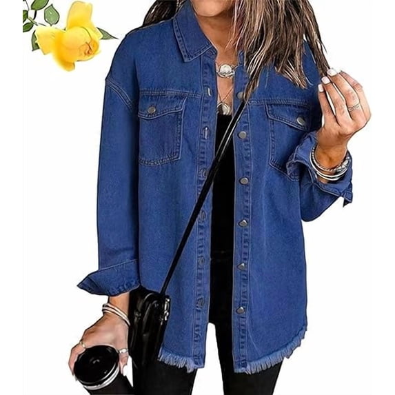 Meditatem Denim Jacket, Women's Casual Denim Button Down Distressed Jacket, Oversized Button Up Frayed Hem Shacket Boyfriend