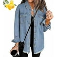 thumbnail image 1 of Meditatem Denim Jacket, Women's Casual Denim Button Down Distressed Jacket, Oversized Button Up Frayed Hem Shacket Boyfriend, 1 of 6