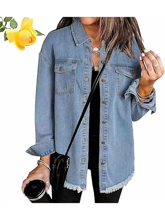 Meditatem Denim Jacket, Women's Casual Denim Button Down Distressed Jacket, Oversized Button Up Frayed Hem Shacket Boyfriend