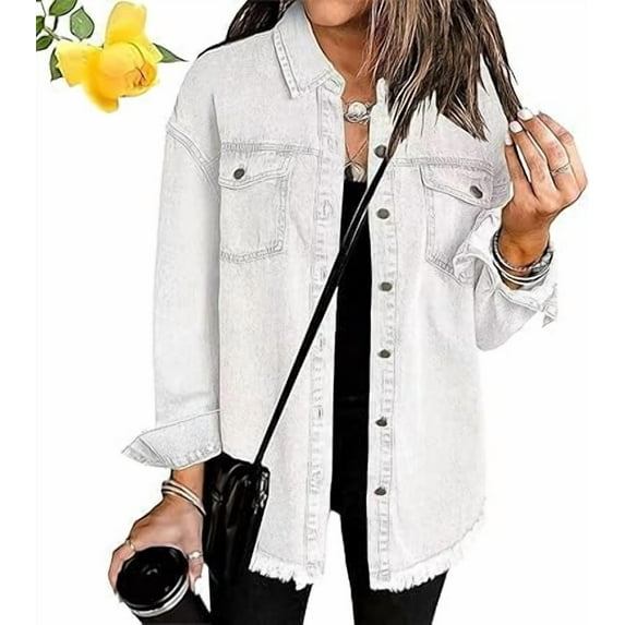 Meditatem Denim Jacket, Women's Casual Denim Button Down Distressed Jacket, Oversized Button Up Frayed Hem Shacket Boyfriend