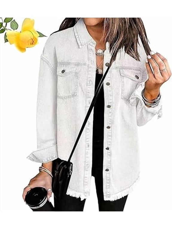 Meditatem Denim Jacket, Women's Casual Denim Button Down Distressed Jacket, Oversized Button Up Frayed Hem Shacket Boyfriend