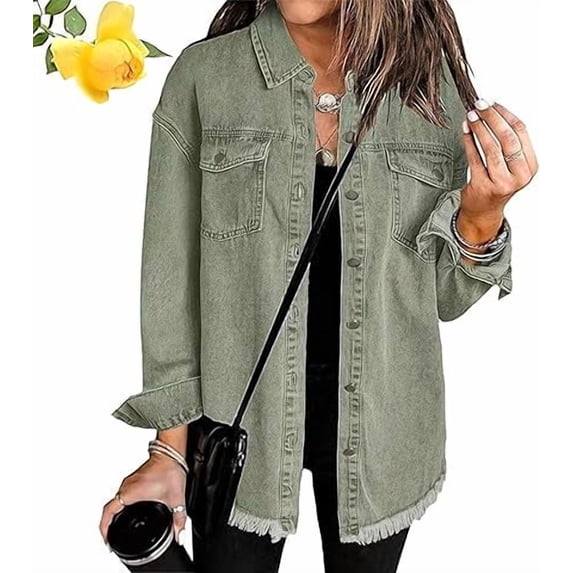 Meditatem Denim Jacket, Women's Casual Denim Button Down Distressed Jacket, Oversized Button Up Frayed Hem Shacket Boyfriend