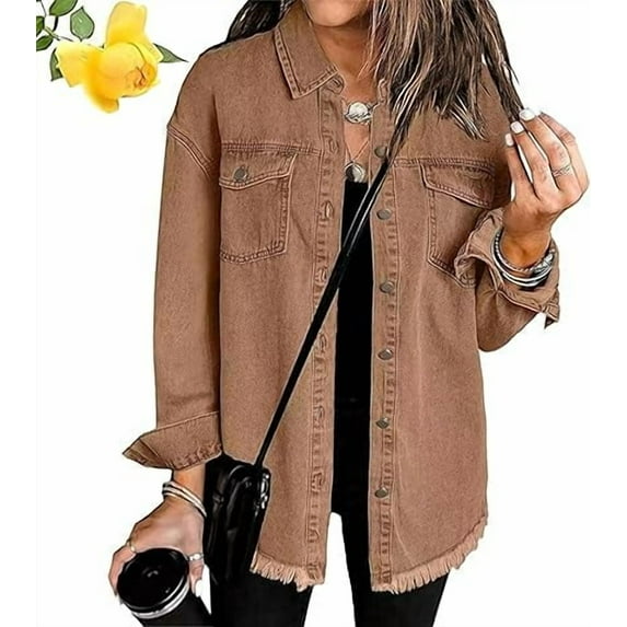 Meditatem Denim Jacket, Women's Casual Denim Button Down Distressed Jacket, Oversized Button Up Frayed Hem Shacket Boyfriend