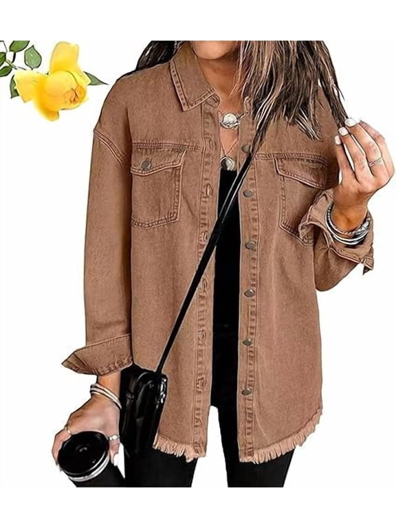 Meditatem Denim Jacket, Women's Casual Denim Button Down Distressed Jacket, Oversized Button Up Frayed Hem Shacket Boyfriend