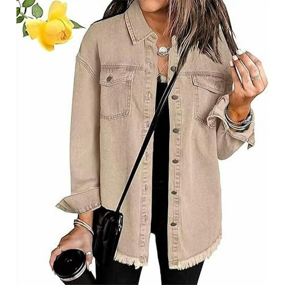 Meditatem Denim Jacket, Women's Casual Denim Button Down Distressed Jacket, Oversized Button Up Frayed Hem Shacket Boyfriend