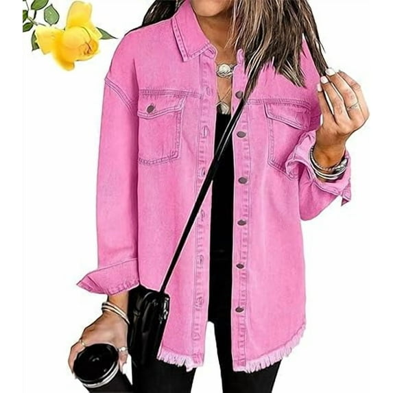 Meditatem Denim Jacket, Women's Casual Denim Button Down Distressed Jacket, Oversized Button Up Frayed Hem Shacket Boyfriend