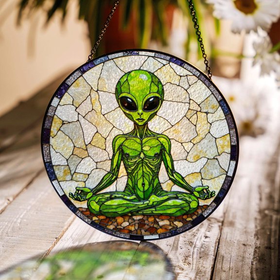 Meditating Alien Glass Style Suncatcher, UFO Lover Decor, 3.5 in