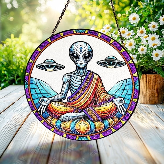 Meditating Alien Stained Glass Window Decor, Cosmic Extraterrestrial Suncatcher, Handcrafted UFO-Inspired Hanging, Spiritual Gift for Space Enthusiasts, Vibrant Alien Ornament,Unique Space-Themed Art
