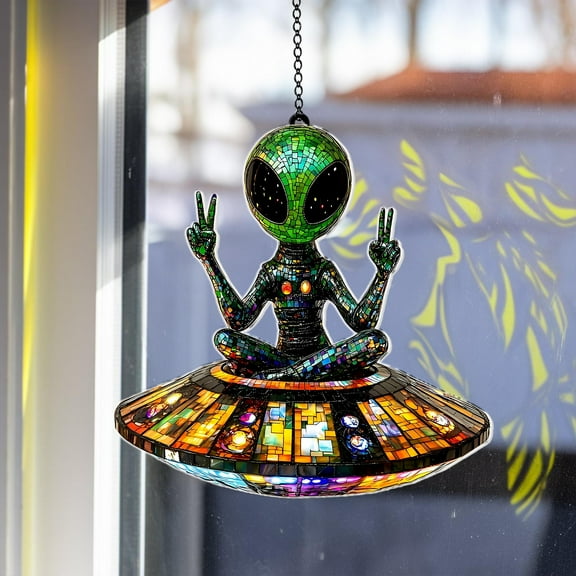Meditating Alien Yoga Stained Glass Suncatcher, Futuristic Galactic Window Decor, Sci-Fi UFO Lover Gift, Acrylic Cosmic Stained Glass Art
