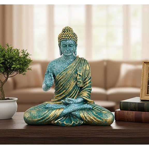 Meditating Buddha Showpiece | Home Decor | Idol Statue Figurine Murti | Tibetan Buddhist Statue (Blue Green)