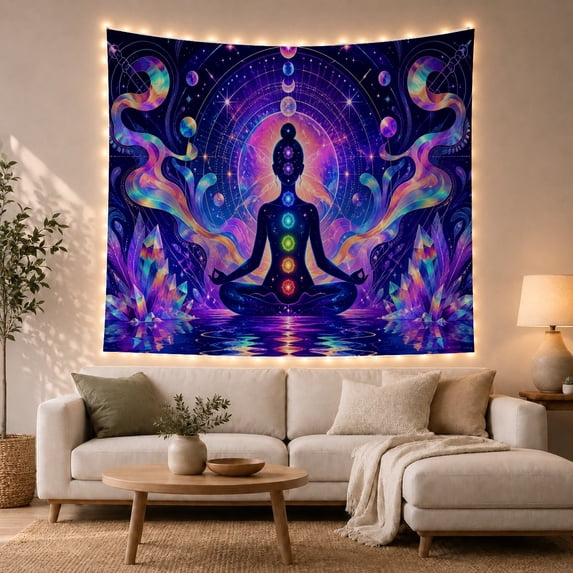 Meditating Figure Among Chakra Lights and Crystals, Mystical Digital Art for Yoga Lovers, Chakra Wall Art, Housewarming Gift, Tapestry Wall Hanging for Yoga Room and Studio