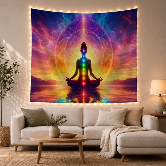 Meditating Figure with Glowing Chakras Against Sunset Over Calm Water Mystical Boho for Yoga Lovers Meditation Art Decor Housewarming Gift Tapestry Wall Hanging for Bedroom and Living Room