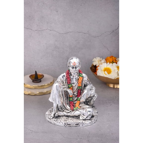 Meditating Sai Baba Idol in Silver with an Antique Finish - 7 Inches