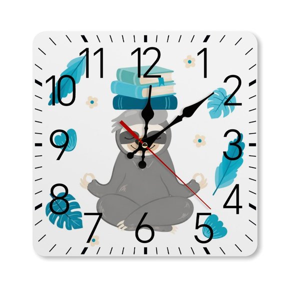 Meditating Sloth Books Yoga Zen Wall Clock Silent Non Ticking Wall Clocks Battery Operated Square Wall Decor for Bathroom Kitchen Bedroom 1010inch(2525cm)