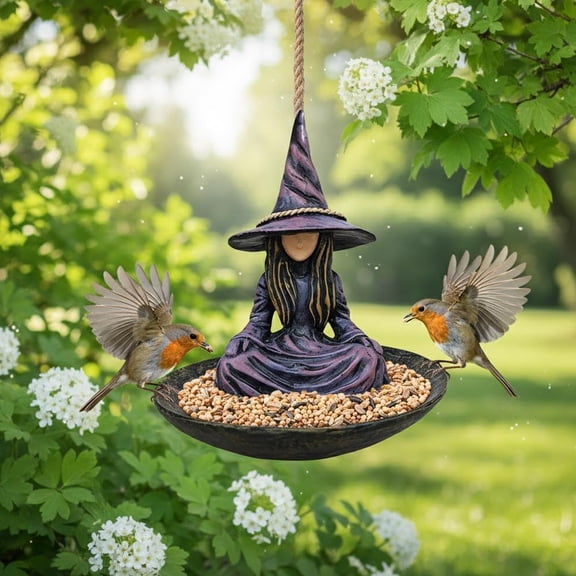 Meditating Witch Garden Bird Feeder,2Pcs Hanging Resin Purple Witch Statue Wild Bird Feeder,Creative Resin BluebirdFeeder,Weather-Resistant Outdoor Decor for Outside Patio Backyard Birdwatching