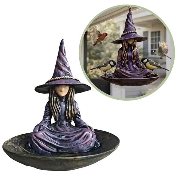 Meditating Witch Garden Bird Feeder,Hangable Garden Ornament, Spring and Summer Bird Feeding Sculpture, Fine Carved Texture Design, Outdoor Figurine For Yard Patio Balcony