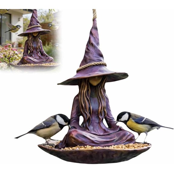 Meditating Witch Garden Bird Feeder, Purple Resin Witch Hat Design with Rope Hanger, Whimsical Witch Statue Feeder for Yard Patio, Unique Fantasy Gift for Bird Lovers (1pcs)