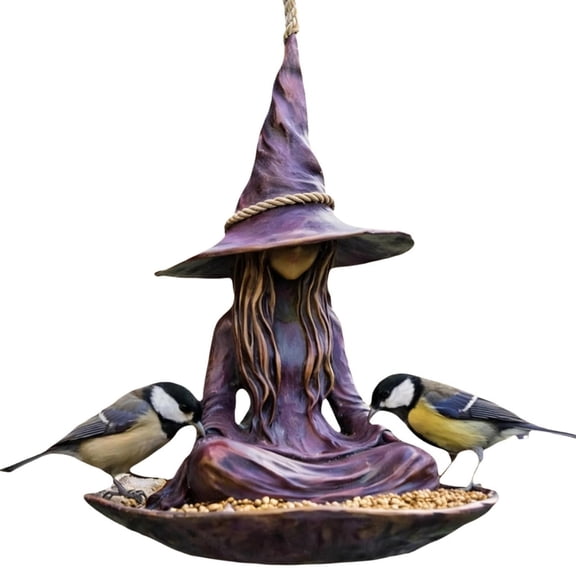 Meditating Witch Garden Bird Feeder, Resin Witch Hat Design with Rope Hanger, 11cm x 15cm (4.33in x 5.9in), Outdoor Garden Decor