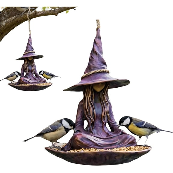 Meditating Witch Garden Bird Feeder, Purple Resin Witch Hat Design with Rope Hanger, 19cm x 15cm (7.5in x 5.9in), Outdoor Garden Decor